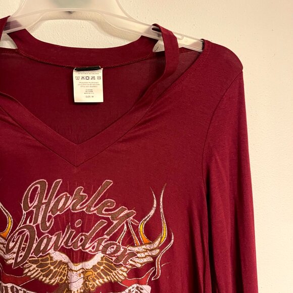 Harley Davidson Long Sleeve T-shirt cold shoulder Maroon Size Medium - Picture 2 of 9